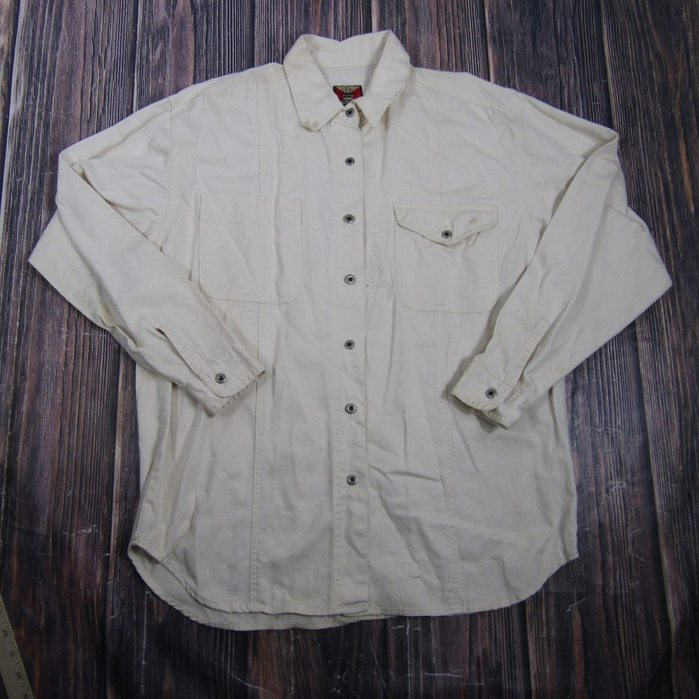 Real Mens Size L Beige Twill Button Up Shirt Pockets Cotton Preowned Workwear